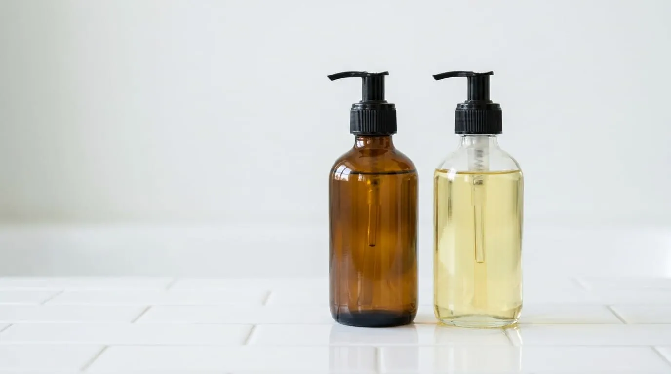 An amber pump bottle and a clear pump bottle of cleansing oil standing on white bathroom tiles