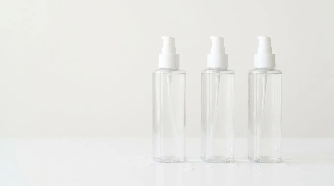 Three tall clear plastic bottles of watery Japanese lotion standing on a white surface in daylight