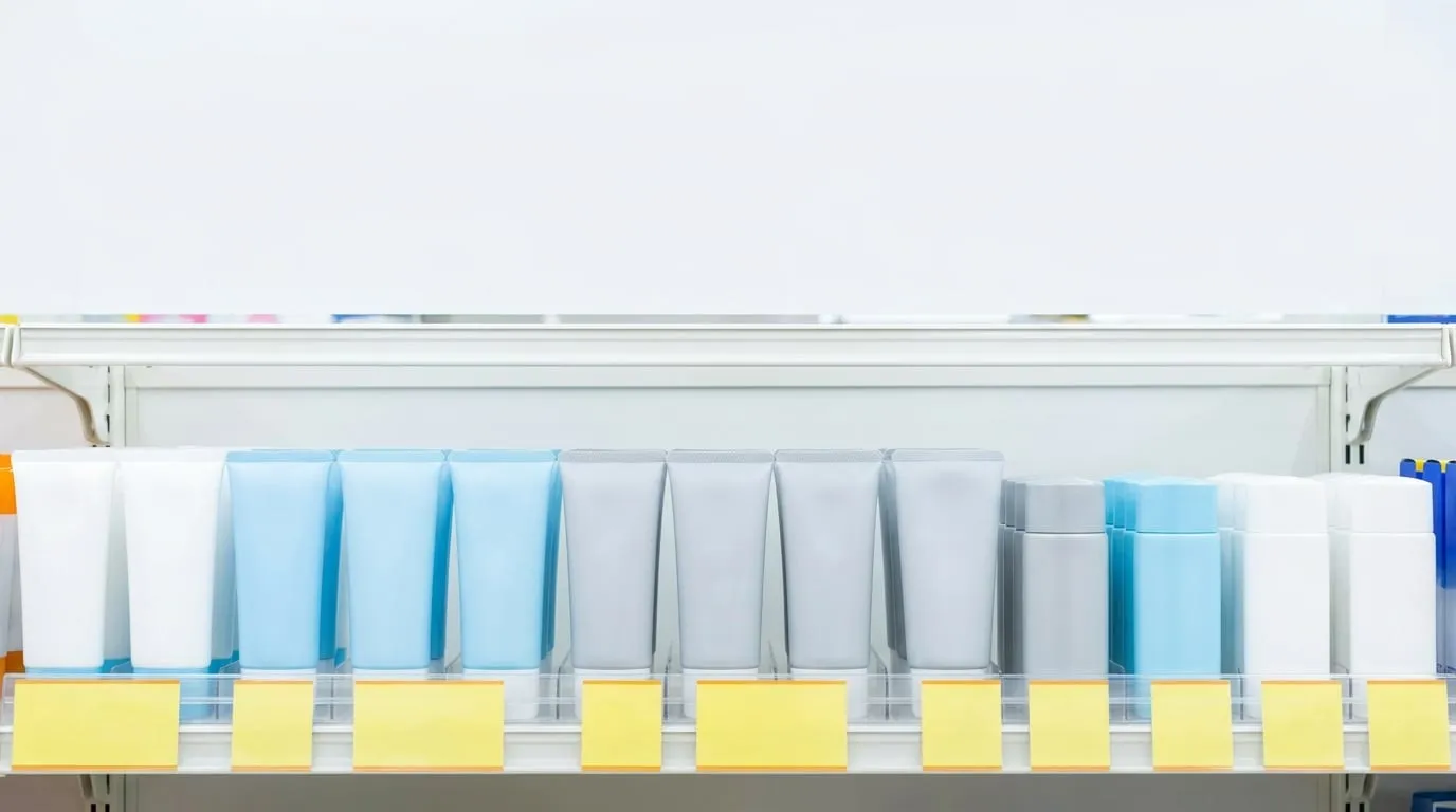 A row of white and blue sunscreen tubes on a bright drugstore shelf with yellow price tags along the edge